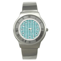 Teal And White Leaf Pattern Stainless Steel Watch (slim)