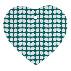 Teal And White Leaf Pattern Heart Ornament (two Sides) by GardenOfOphir