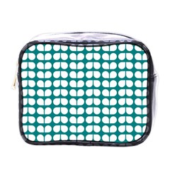 Teal And White Leaf Pattern Mini Travel Toiletry Bag (one Side)