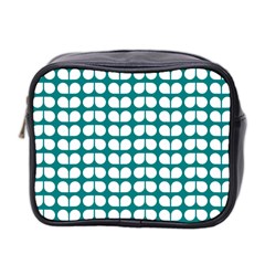 Teal And White Leaf Pattern Mini Travel Toiletry Bag (two Sides)