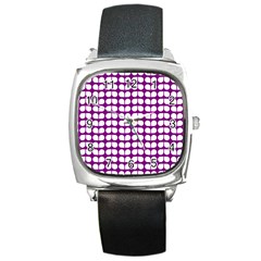 Purple And White Leaf Pattern Square Leather Watch by GardenOfOphir