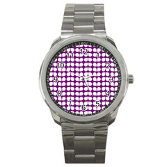 Purple And White Leaf Pattern Sport Metal Watch by GardenOfOphir