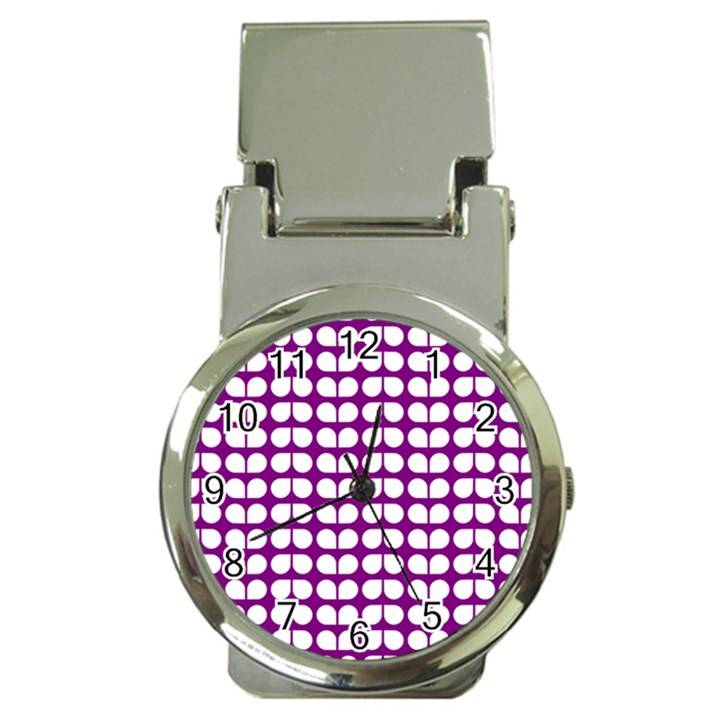 Purple And White Leaf Pattern Money Clip with Watch