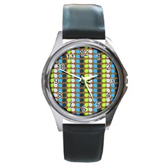 Colorful Leaf Pattern Round Leather Watch (silver Rim)