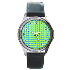 Blue Lime Leaf Pattern Round Leather Watch (silver Rim)