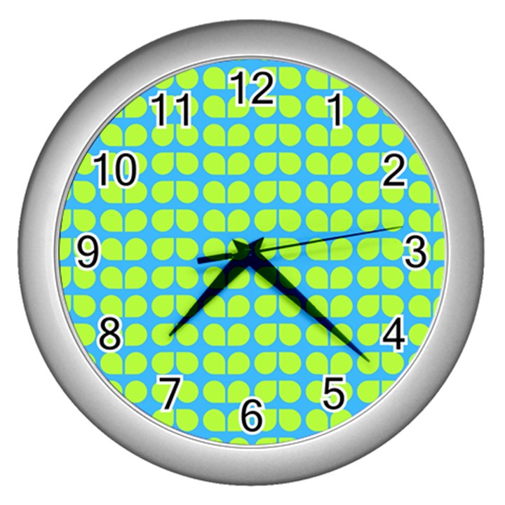 Blue Lime Leaf Pattern Wall Clock (Silver)