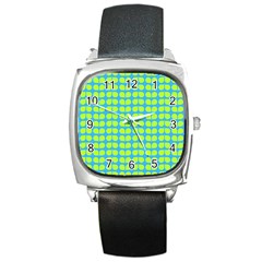 Blue Lime Leaf Pattern Square Leather Watch by GardenOfOphir