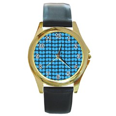 Blue Gray Leaf Pattern Round Leather Watch (gold Rim) 