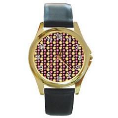 Cute Floral Pattern Round Leather Watch (gold Rim) 