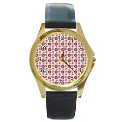 Cute Floral Pattern Round Leather Watch (gold Rim) 