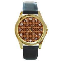 Faux Animal Print Pattern Round Leather Watch (gold Rim) 