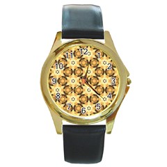 Faux Animal Print Pattern Round Leather Watch (gold Rim) 