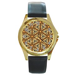 Faux Animal Print Pattern Round Leather Watch (gold Rim)  by GardenOfOphir