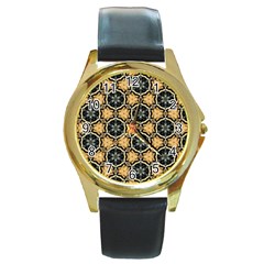 Faux Animal Print Pattern Round Leather Watch (gold Rim) 