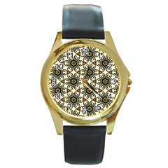 Faux Animal Print Pattern Round Leather Watch (gold Rim)  by GardenOfOphir