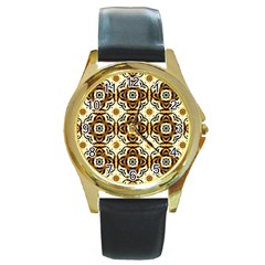 Faux Animal Print Pattern Round Leather Watch (gold Rim) 