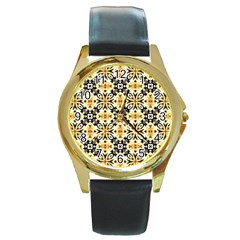 Faux Animal Print Pattern Round Leather Watch (gold Rim) 