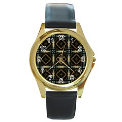 Faux Animal Print Pattern Round Leather Watch (gold Rim)  by GardenOfOphir