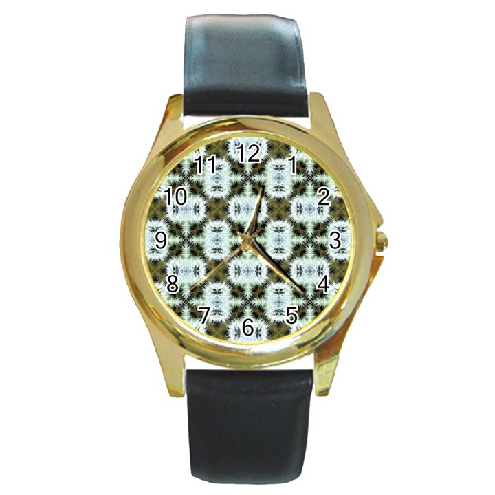 Faux Animal Print Pattern Round Leather Watch (Gold Rim) 