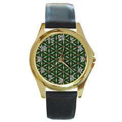 Cute Pretty Elegant Pattern Round Leather Watch (gold Rim)  by GardenOfOphir