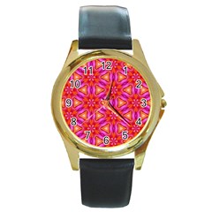 Cute Pretty Elegant Pattern Round Leather Watch (gold Rim)  by GardenOfOphir