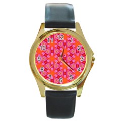 Cute Pretty Elegant Pattern Round Leather Watch (gold Rim)  by GardenOfOphir