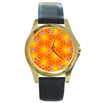 Cute Pretty Elegant Pattern Round Leather Watch (Gold Rim)  Front