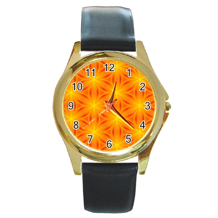 Cute Pretty Elegant Pattern Round Leather Watch (Gold Rim) 