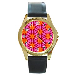 Cute Pretty Elegant Pattern Round Leather Watch (gold Rim) 