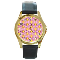 Cute Pretty Elegant Pattern Round Leather Watch (Gold Rim) 