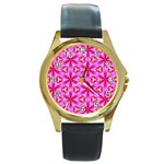 Cute Pretty Elegant Pattern Round Leather Watch (Gold Rim)  Front