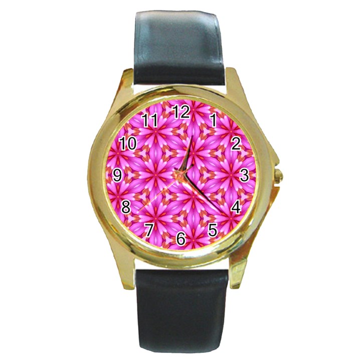 Cute Pretty Elegant Pattern Round Leather Watch (Gold Rim) 