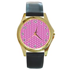 Cute Pretty Elegant Pattern Round Leather Watch (gold Rim) 