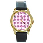 Cute Pretty Elegant Pattern Round Leather Watch (Gold Rim)  Front