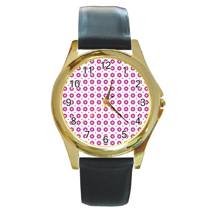 Cute Pretty Elegant Pattern Round Leather Watch (Gold Rim) 