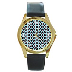 Cute Pretty Elegant Pattern Round Leather Watch (gold Rim) 