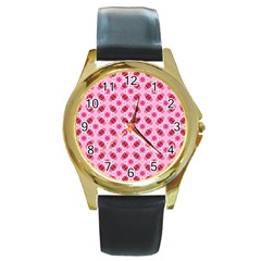 Cute Pretty Elegant Pattern Round Leather Watch (gold Rim)  by GardenOfOphir