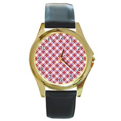 Cute Pretty Elegant Pattern Round Leather Watch (gold Rim) 