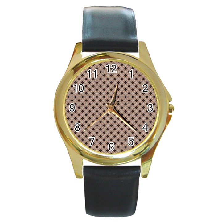 Cute Pretty Elegant Pattern Round Leather Watch (Gold Rim) 