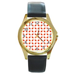 Cute Pretty Elegant Pattern Round Leather Watch (Gold Rim) 