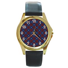 Cute Pretty Elegant Pattern Round Leather Watch (gold Rim) 