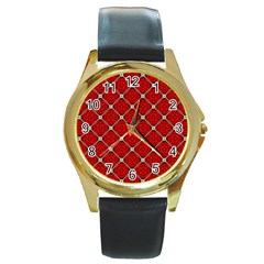 Cute Pretty Elegant Pattern Round Leather Watch (gold Rim) 