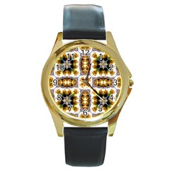 Cute Pretty Elegant Pattern Round Leather Watch (gold Rim) 