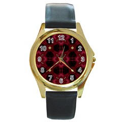 Cute Pretty Elegant Pattern Round Leather Watch (gold Rim) 