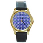 Cute Pretty Elegant Pattern Round Leather Watch (Gold Rim)  Front