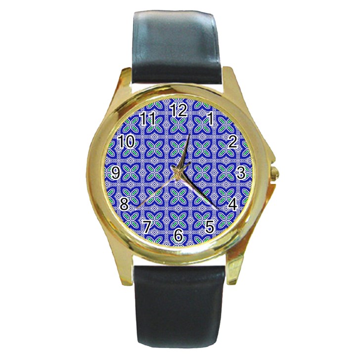 Cute Pretty Elegant Pattern Round Leather Watch (Gold Rim) 