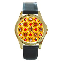 Cute Pretty Elegant Pattern Round Leather Watch (gold Rim) 