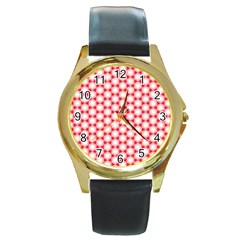 Cute Pretty Elegant Pattern Round Leather Watch (gold Rim) 