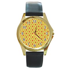 Cute Pretty Elegant Pattern Round Leather Watch (gold Rim) 