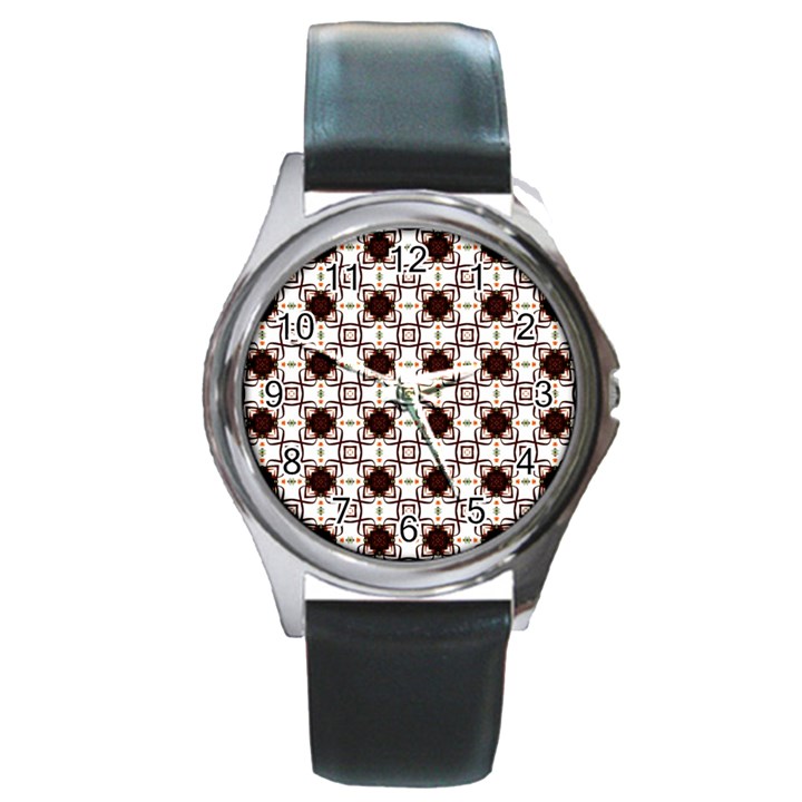 Cute Pretty Elegant Pattern Round Leather Watch (Silver Rim)